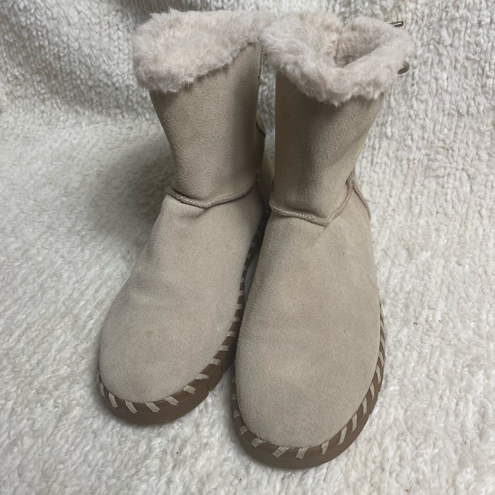 Mukluks leather suede khaki Ankle Boots back lace closure Faux fur lining SZ6.5 - Picture 4 of 13
